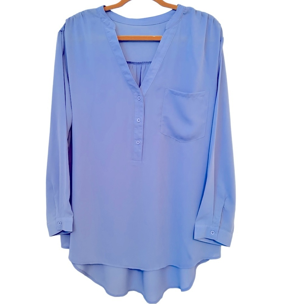 Ladies Chiffon Long Sleeved Henley Casual Dress Mock Collar Button V Nec…